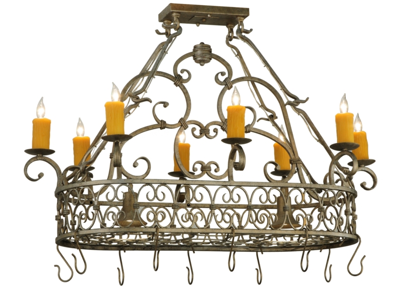 Lighted Pot Rack Chandelier with Amber Faux Candlelights