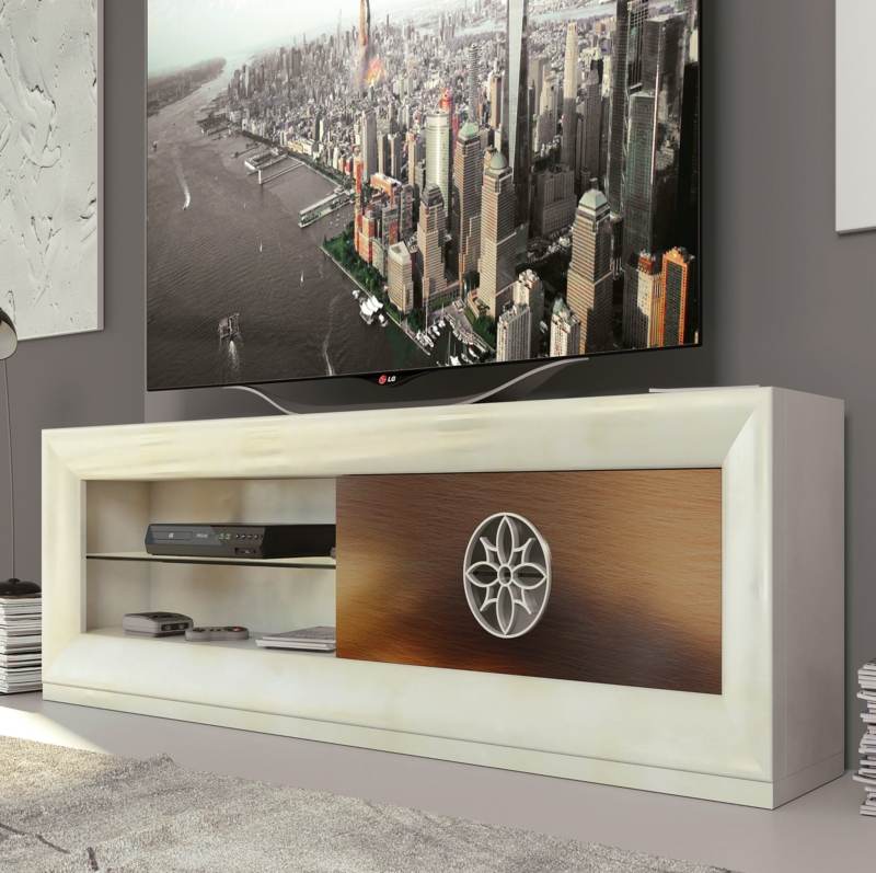 Elegant Ivory Pearl TV Stand with Sliding Door