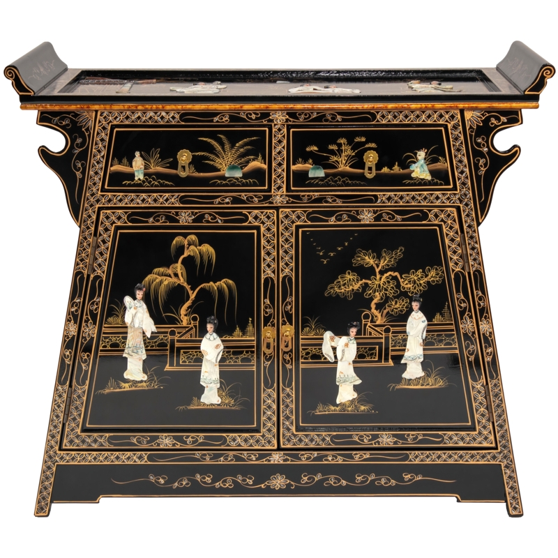 Hand-Painted Chinese Altar Cabinet with Mother-of-Pearl Design