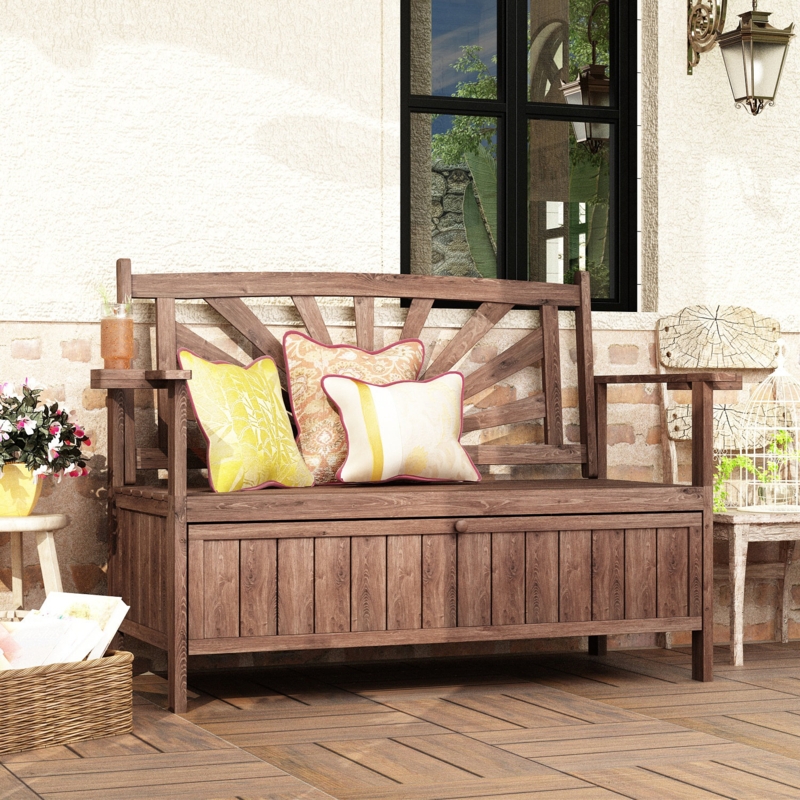 Outdoor Bench with Storage and Cup Holder