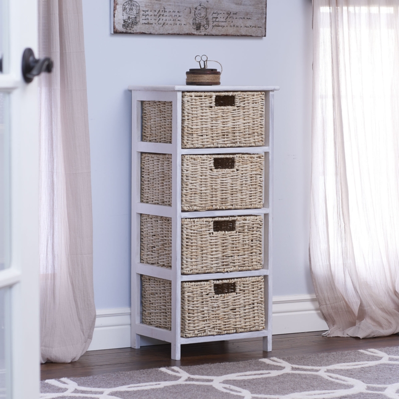 Tall Whitewashed Storage Stand with Wicker Baskets