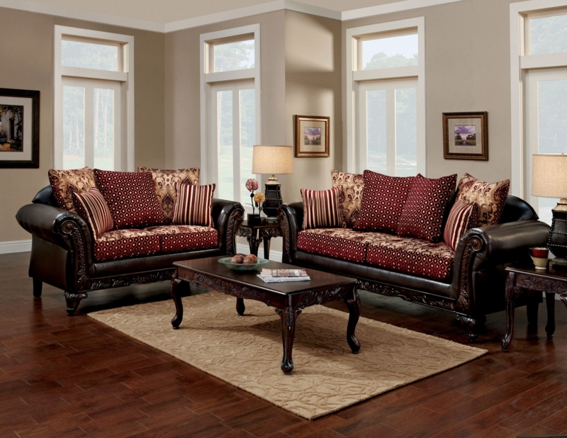 Traditional Brown and Burgundy Sofa Set