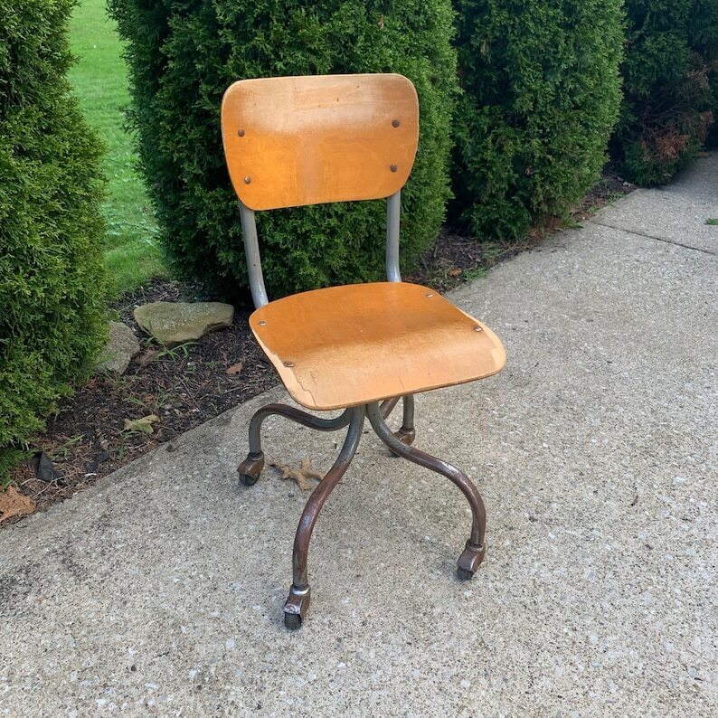 Adult sized Wooden School Chair With Castors