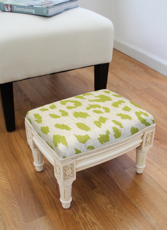 Carved Hardwood Footstool with Heavy Linen Fabric