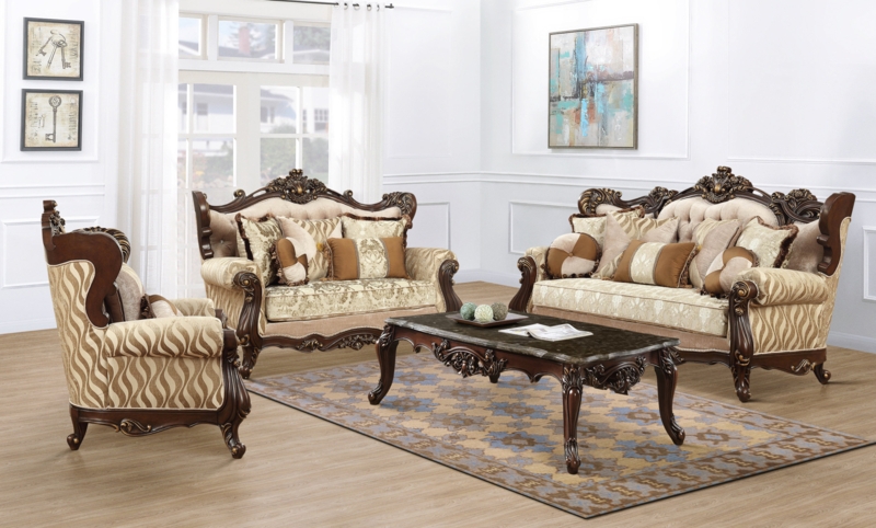 Traditional Living Room Set with Ornate Carvings