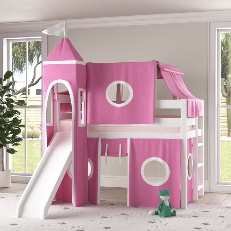 AislingTwin Solid Wood Low Loft Bed with Ladder Slide Tent and Tower
