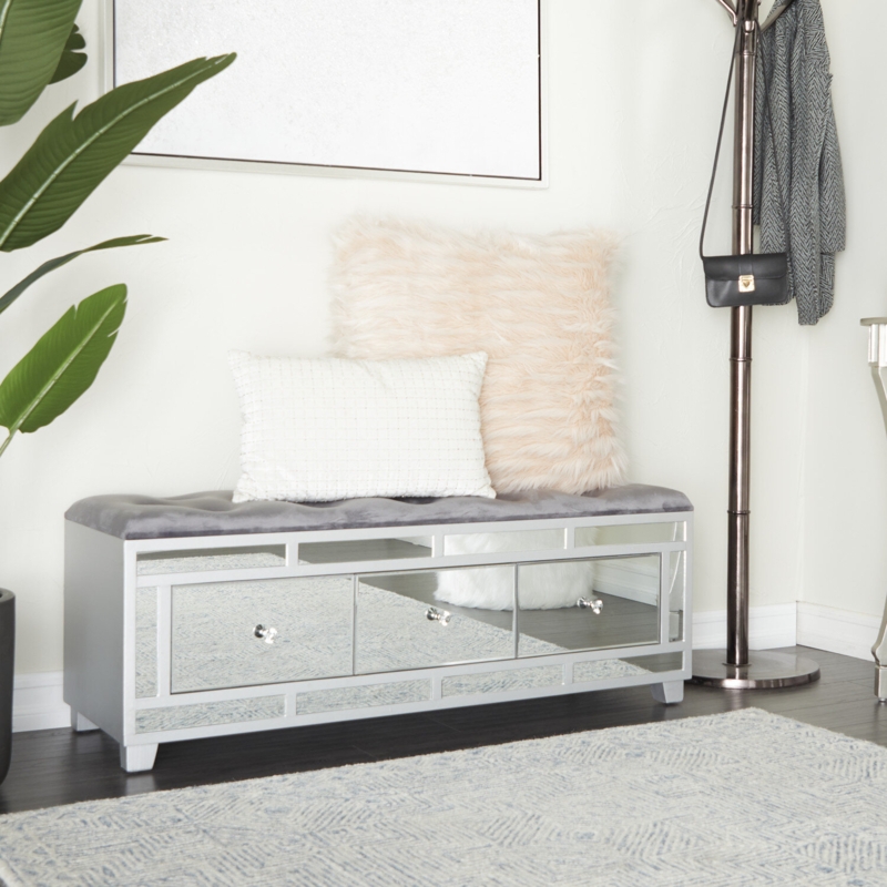Velvet Storage Bench with Mirrored Drawers