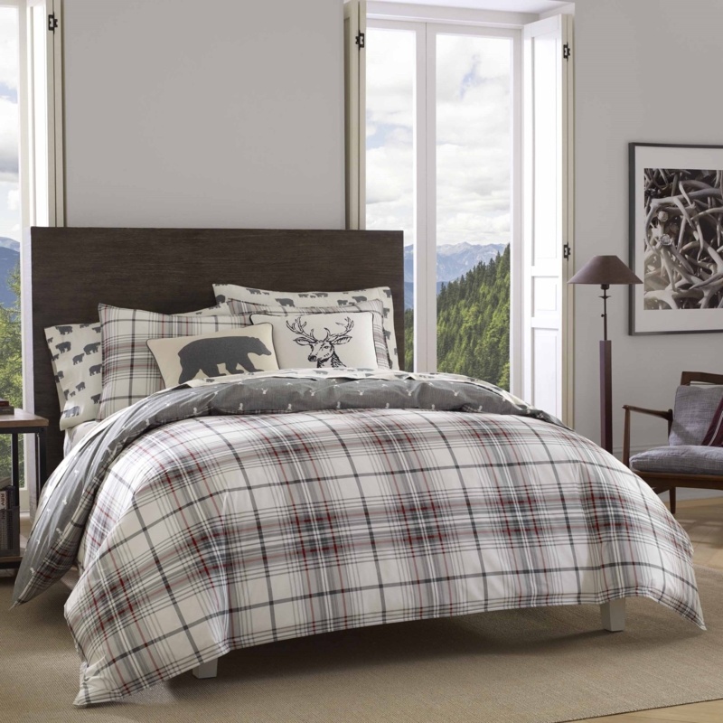 Alder Plaid Gray/Red 100% Cotton Reversible Comforter Set