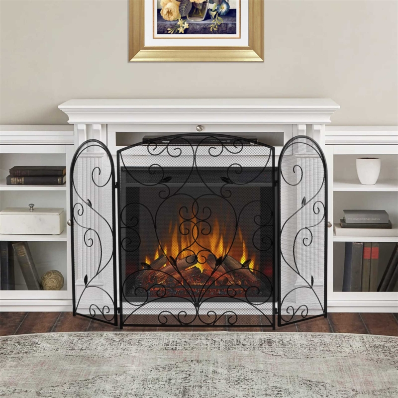 Black Curved Fireplace Screen
