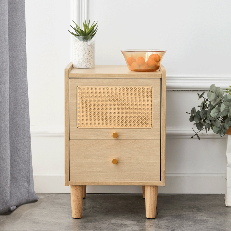 2-Drawer Coastal Nightstand with Rattan Accents