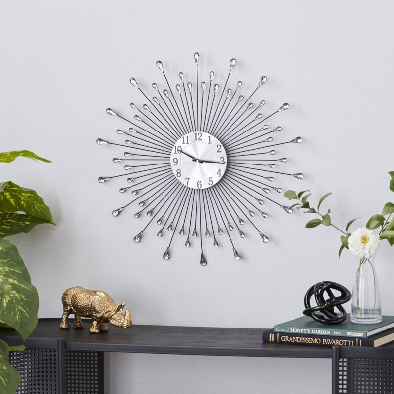 Silver Iron Wall Clock with Sunburst Design