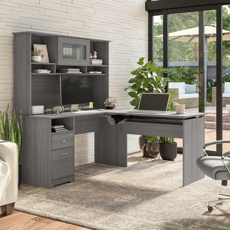3 Position Sit to Stand L-Shaped Desk with Hutch