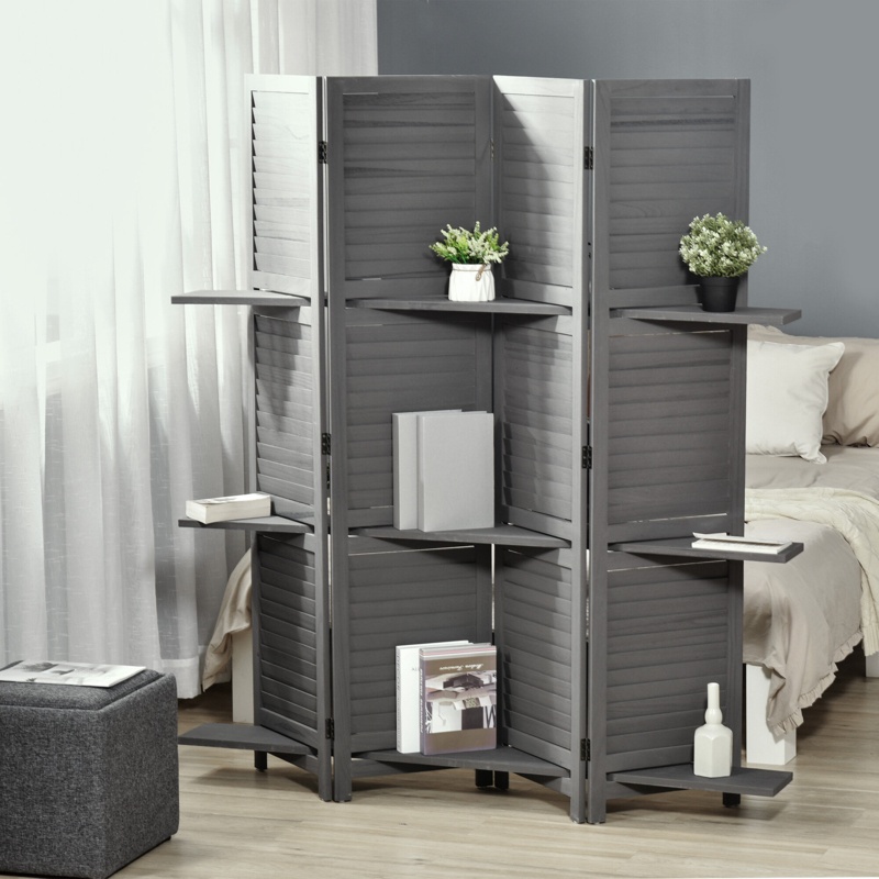 Freestanding Four-Panel Room Divider with Shelves