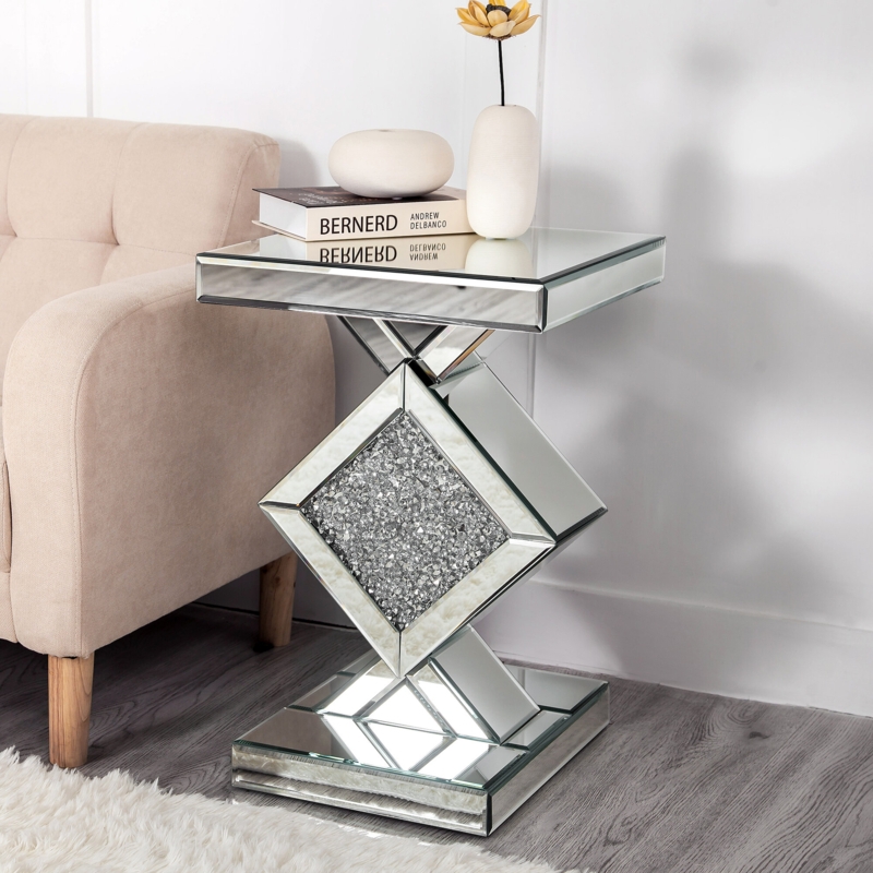 Mirrored Glass End Table with Diamond Design