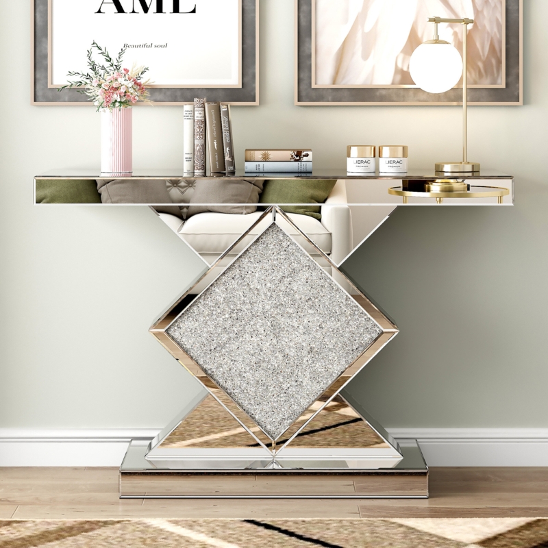 Mirrored Rectangular Console Table with Crystal Accents