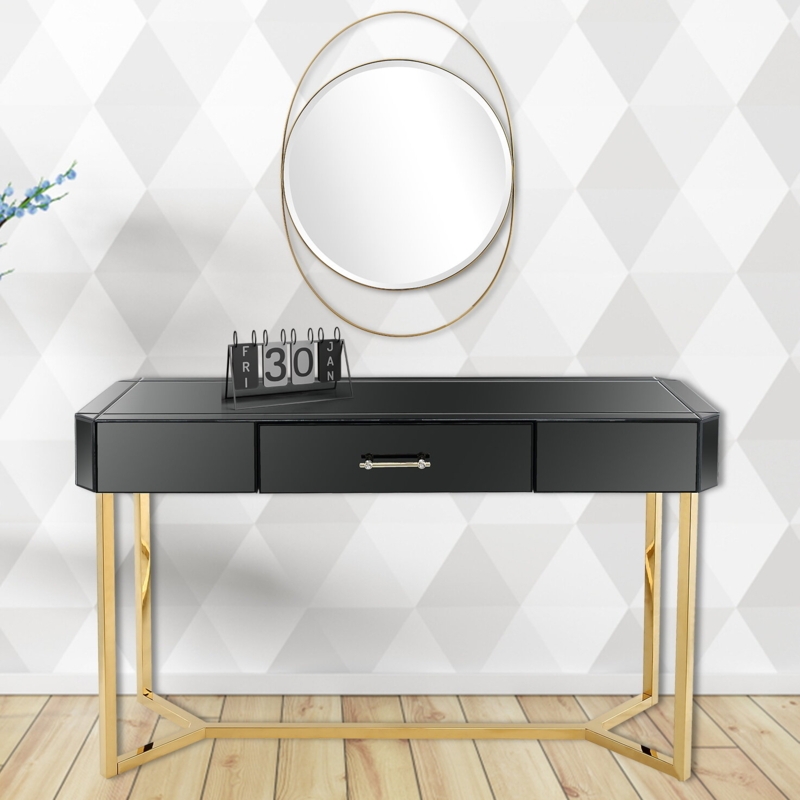 Black and Gold Console with Floating Oval Mirror