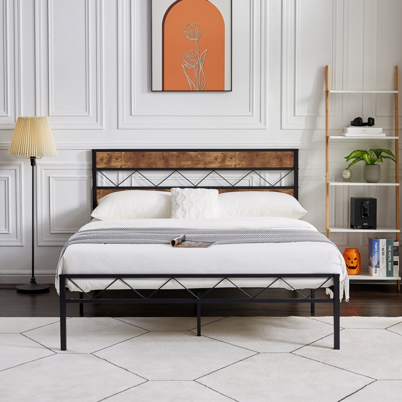 Aniyyah Alicia Bed Frame with Rustic Vintage Wooden Headboard