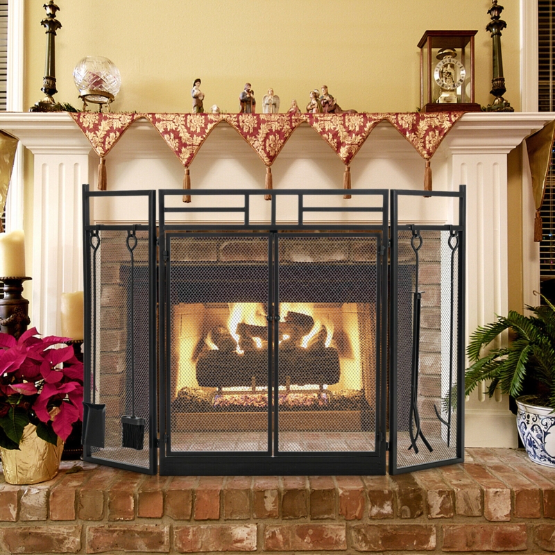 3-Panel Fireplace Screen with Tools