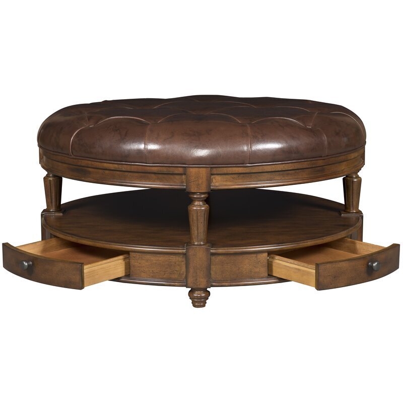 Antique leather round ottoman coffee table