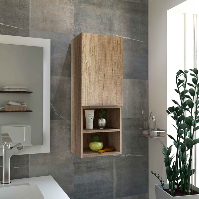 Single-Door Bathroom Wall Cabinet with Open Shelves