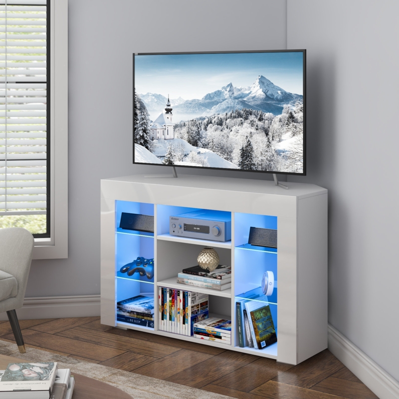Corner TV Stand with LED Lights and Glass Shelves