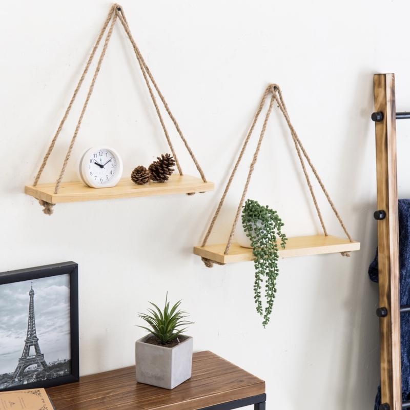 Wooden Rope-Hanging Shelves Set of 2