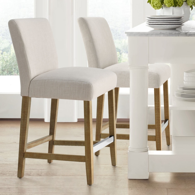 Counter Stool with Solid Wood Frame and Linen-Blend Upholstery