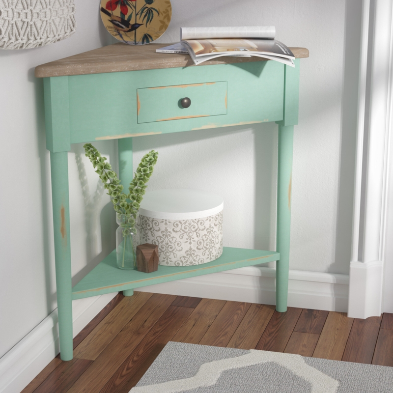 Distressed Teal Triangular End Table