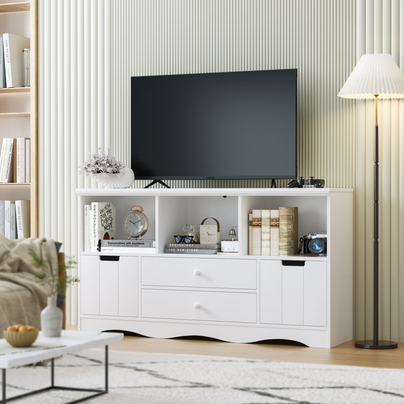 White TV Stand with Drawers and Cabinets
