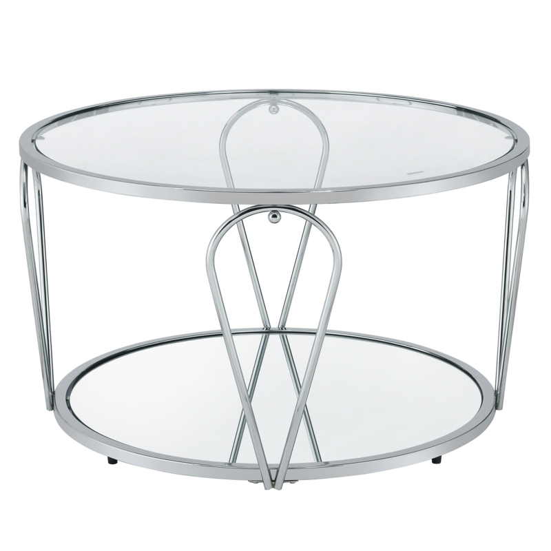 Modern Round Glass Coffee Table with Mirrored Shelf