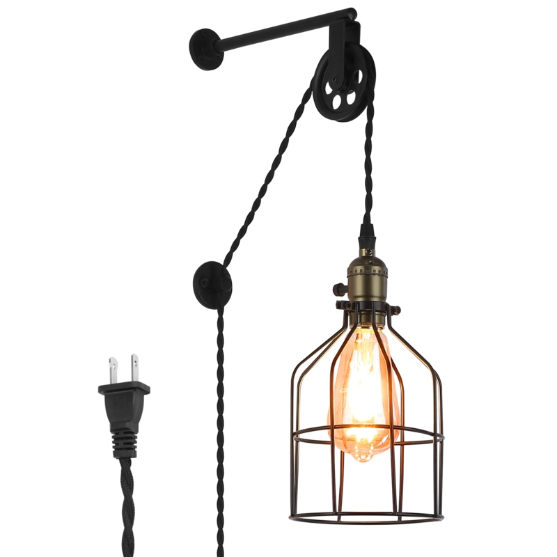 Retro Industrial Cage Wall Light with Pulley