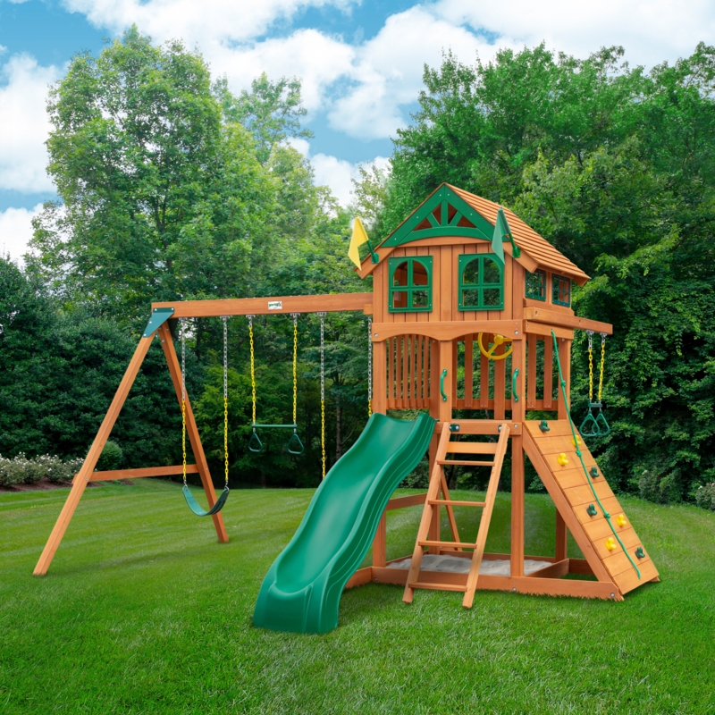 Wooden Playset with Wood Roof and Trapeze Arm