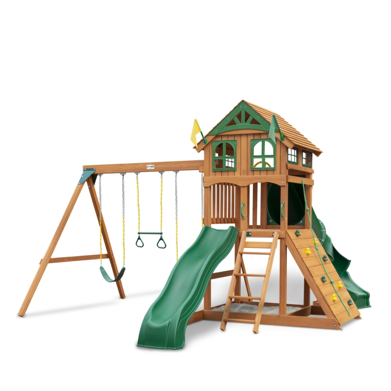 Compact Wooden Swing Set with Dual Slides