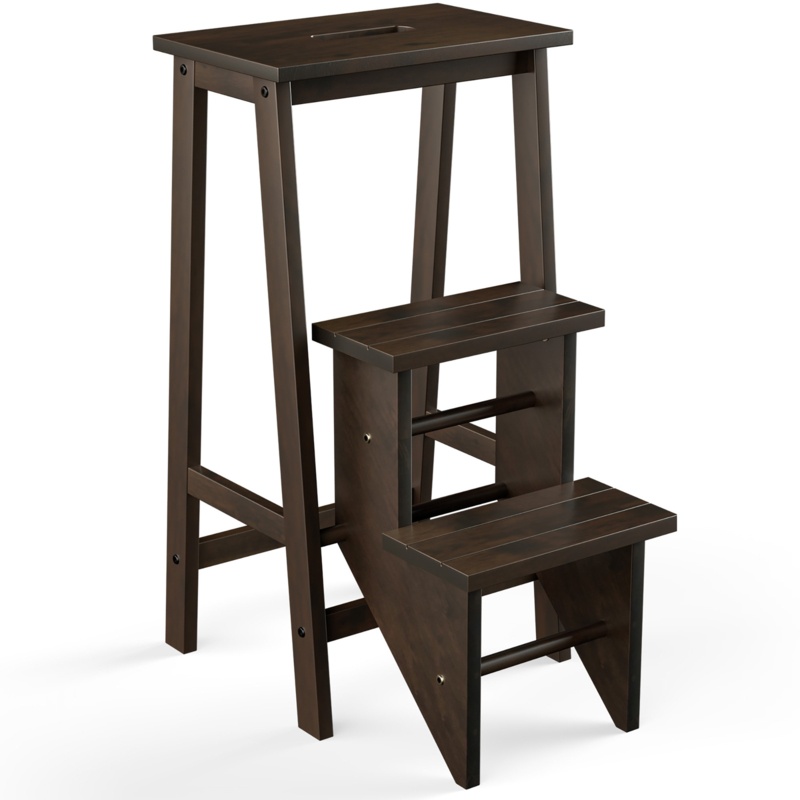 Azurae 3 Tier Folding Step Stool 3-in-1 Rubber Wood Ladder Storage Shelf Brown
