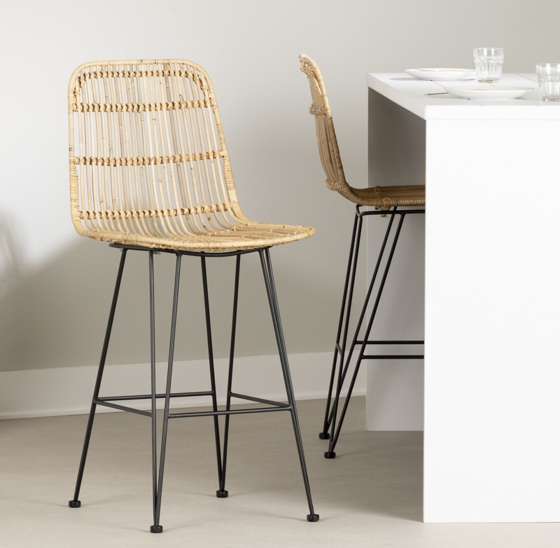 Rattan Counter Stools with Metal Hairpin Legs, Set of 2
