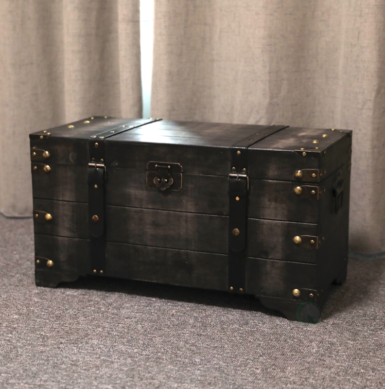 Distressed Black Large Wooden Storage Trunk Coffee Table