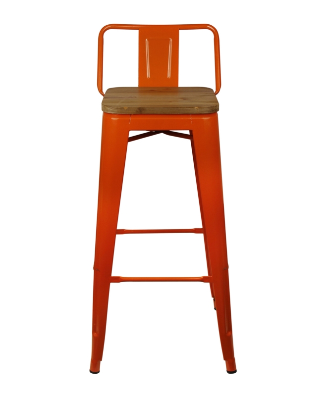 Orange Low-Back Metal Stool with Wooden Seat