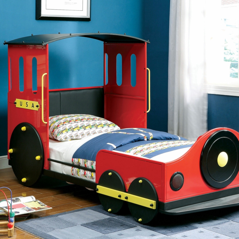 Train Design Twin Bed with Padded Headboard