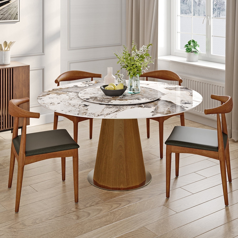 Drum Base-Look Round Dining Table with Lazy Susan