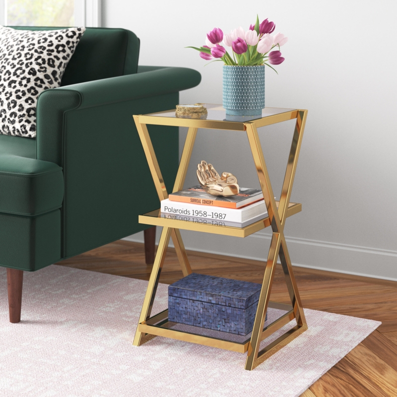 Glamorous Gold End Table with Glass Shelves