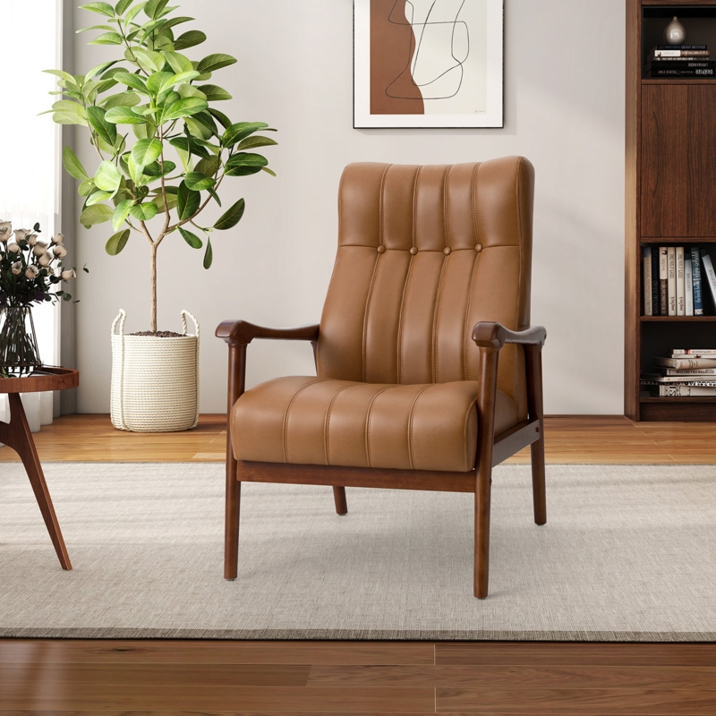 Vegan Leather Upholstered Armchair with Wood Legs
