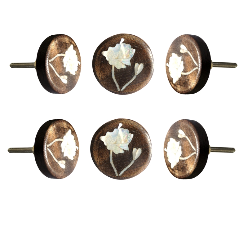 Round Wooden Knob with Mother-of-Pearl Lily Inlay