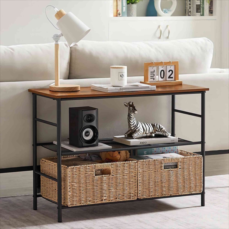 Low-Profile Console Table with Rattan Baskets