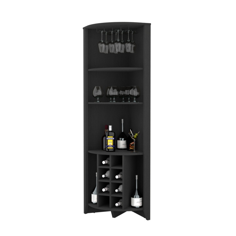Bouvet Corner Bar Cabinet with 3 Shelves, 8 Wine Cubbies, Cup Rack, and 2 Side Shelves, Black Wenge