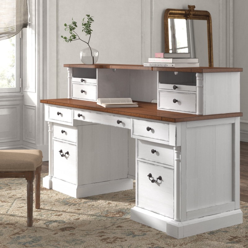 Cottage-Style Desk with Hutch and Filing Cabinet