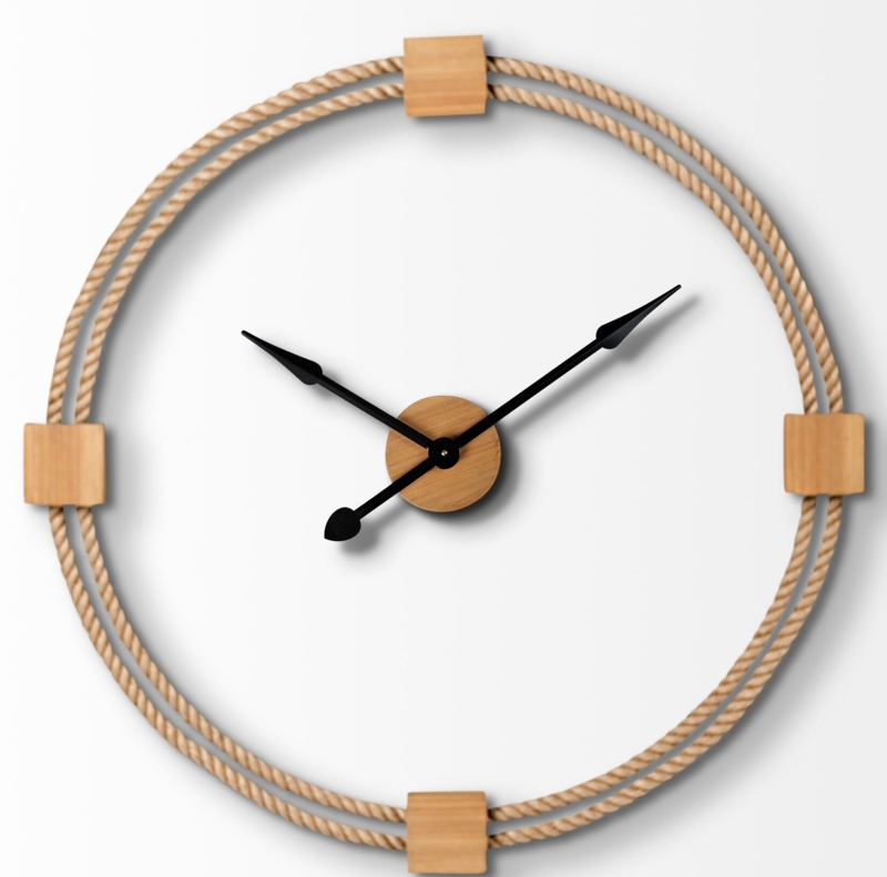 Oversize Wood & Rope Open-Face Wall Clock