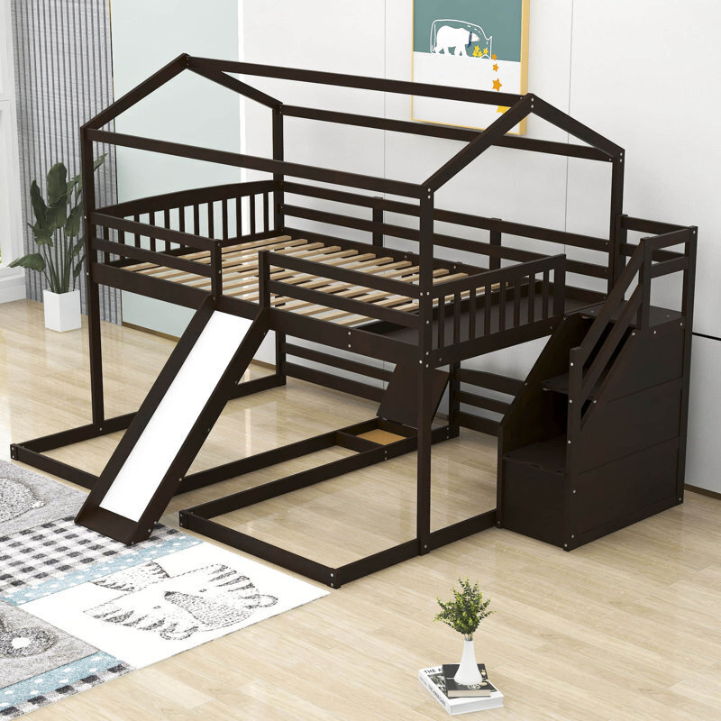 Cabin Shaped Triple Bunk Beds With Attached Stairs and Slide