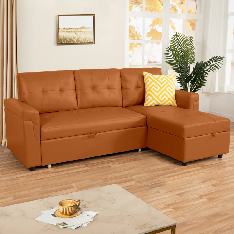 Caramel Colored Leather Sectional With Pull Out Bed 