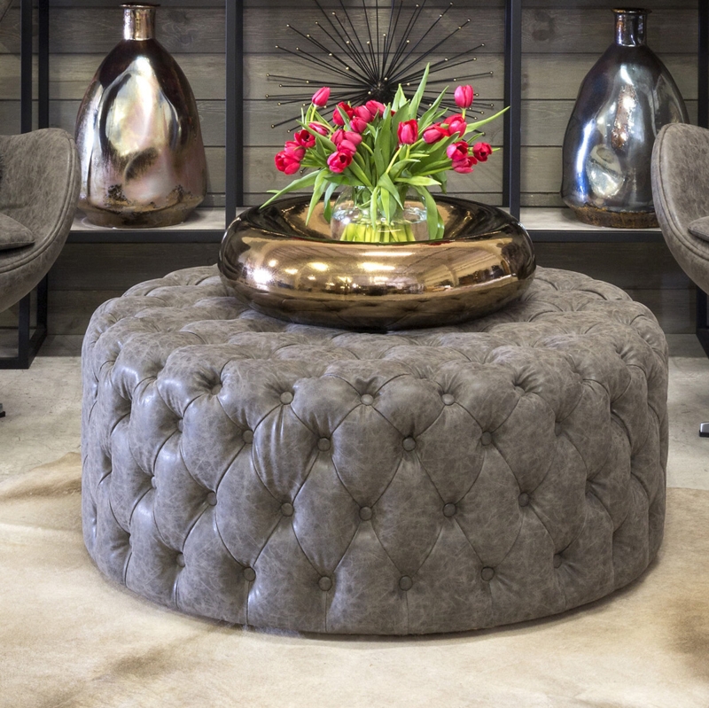 Distressed Faux Leather Tufted Ottoman