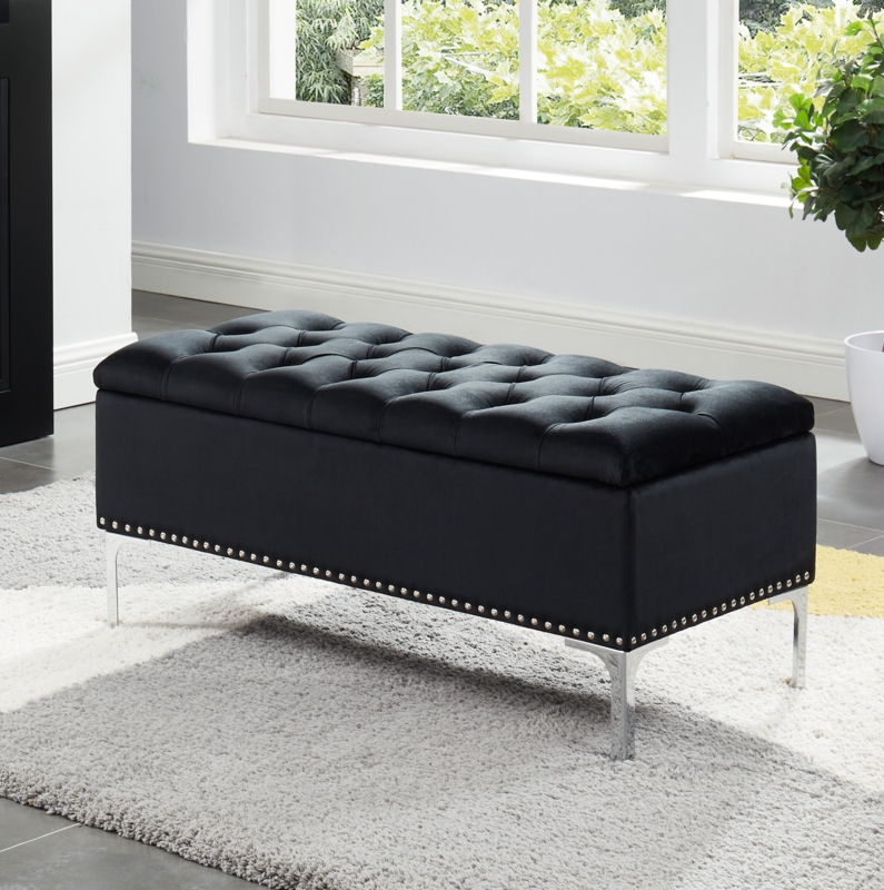 Velvet Upholstered Storage Bench with Metal Legs